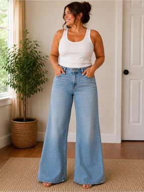 Good American Light Blue Wide Leg Flare Jeans
